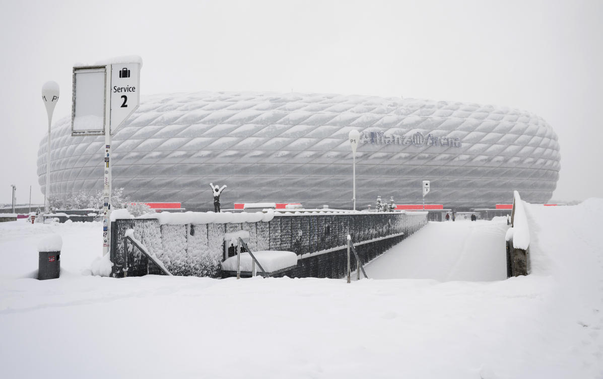 A view of the Munich Allianz stadium, Germany, on Dec. 2, 2023 after a Bundesliga match between Bayern Munich and 1. FC Union Berlin was canceled due to snow. (AP)
