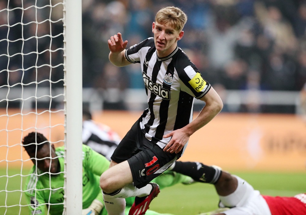 Anthony Gordon celebrates scoring Newcastle’s first goal. (Reuters)
