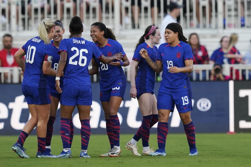 United States players celebrate a goal by midfielder Lindsey Horan (10) during the second half of a women's International friendly soccer match against China in Fort Lauderdale, Fla., Saturday, Dec. 2, 2023. (File/AP)