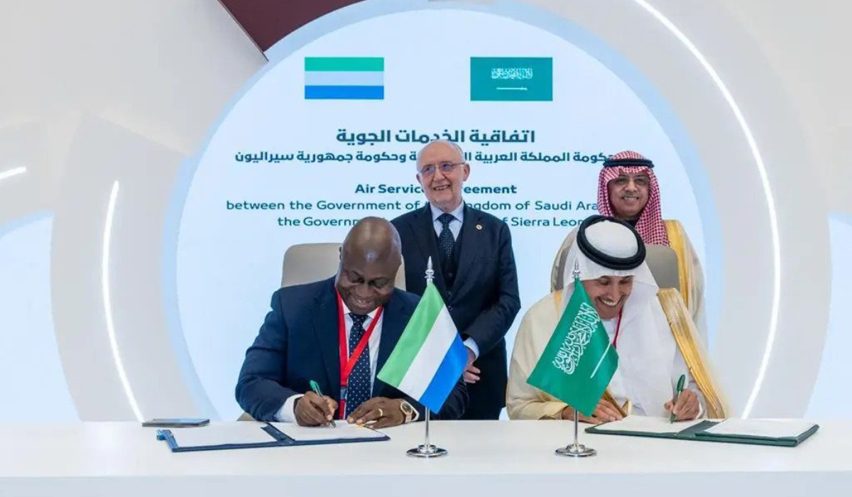 Al-Jasser signs a cooperation agreement in air transport services with Sierra Leone's Minister of Transport and Aviation, Haji Vandi Turay, on the sidelines of the 15th International Conference on Air Service Negotiations (ICAN 2023), which will continue until Thursday. (Supplied)