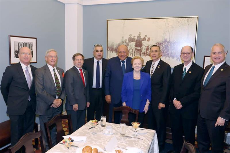 Egyptian Minister of Foreign Affairs Sameh Shoukry poses for a photo with with US Congressional Friends of Egypt Caucus. (Ministry of Foreign Affairs)