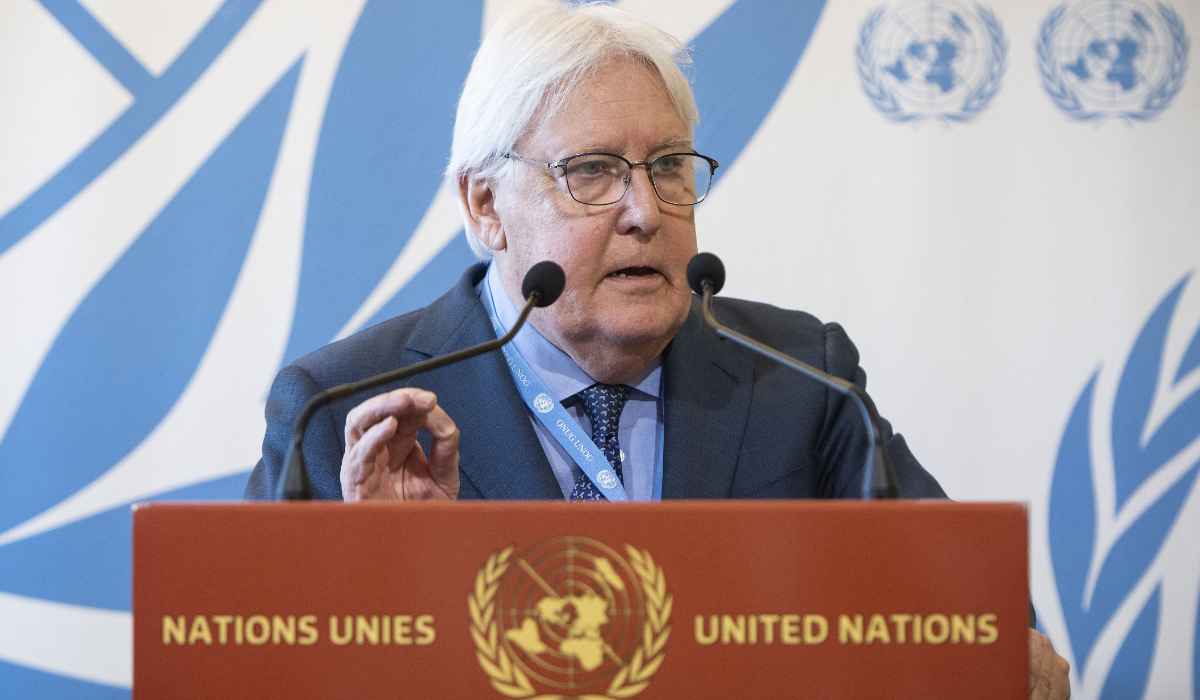 United Nations Under-Secretary-General for Humanitarian Affairs and Emergency Relief Coordinator Martin Griffiths speaks during a press conference on the situation in Gaza, at UN Building in Geneva, on November 15, 2023. (AFP)
