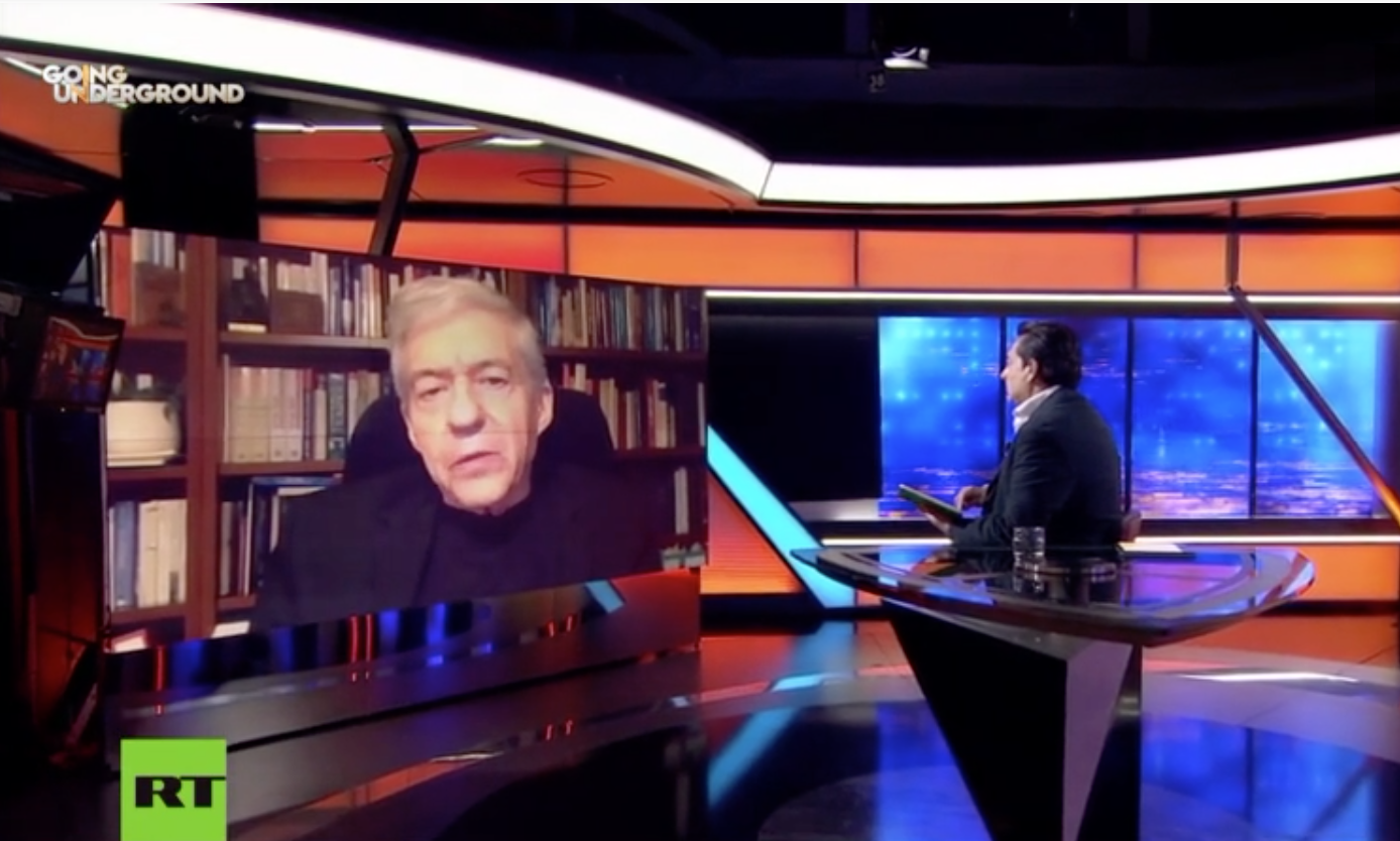 Appearing with TV host Afshin Rattansi on the show "Going Underground," ex-Israeli Justice Minister Yossi Beilin walked out of an interview after being challenged to respond to reports on the Israel-Hamas war. (Screengrab/ Russia Today)