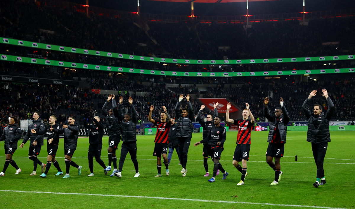 Eintracht Frankfurt players celebrate after their Bundesliga match against Bayern Munich at Deutsche Bank Park, Frankfurt on Dec. 9, 2023. (Reuters)