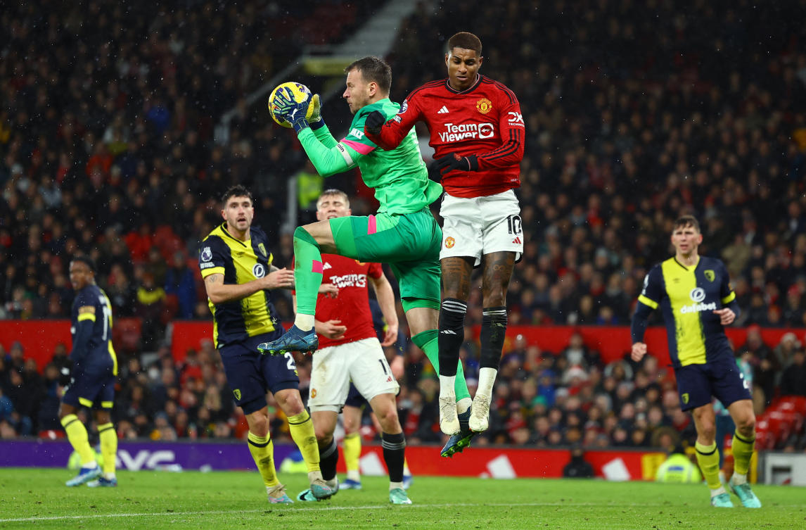 Bournemouth’s Neto in action with Manchester United’s Marcus Rashford during their Premier League at Old Trafford, Manchester, on Dec. 9, 2023 AFC. (Reuters)