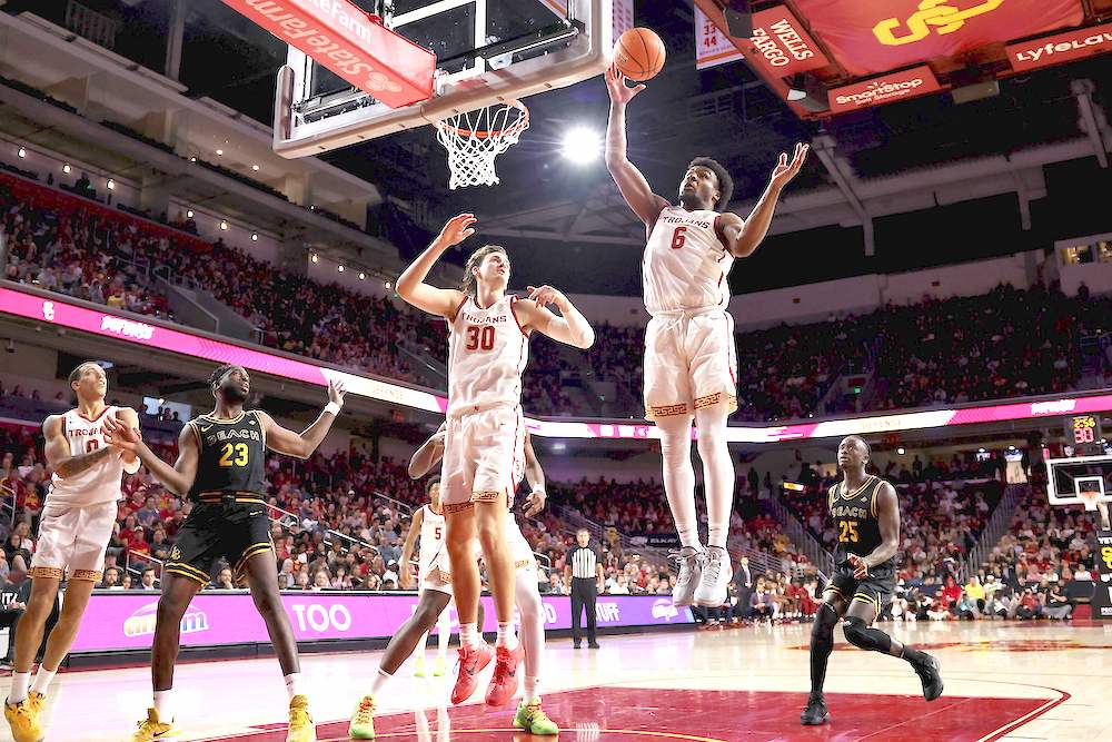 Bronny James of the USC Trojans grabs the rebound during the second half against the Long Beach State 49ers at Galen Center on Dec. 10, 2023 in Los Angeles, California. (Getty Images North America)