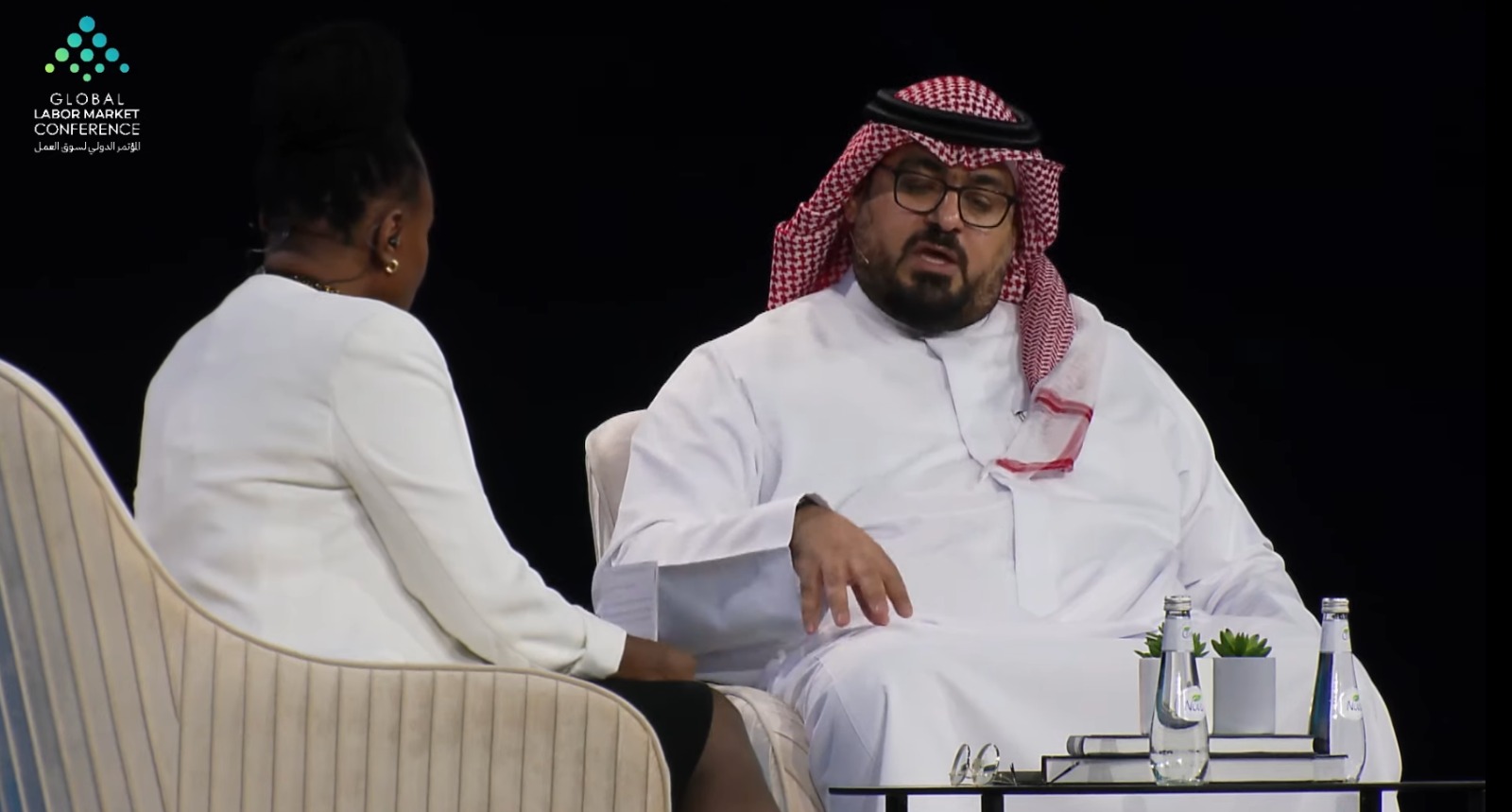 Saudi Minister of Economy and Planning Faisal bin Fadel Al-Ibrahim speaks at the Global Labor Market Conference in Riyadh on Wednesday. AN photo