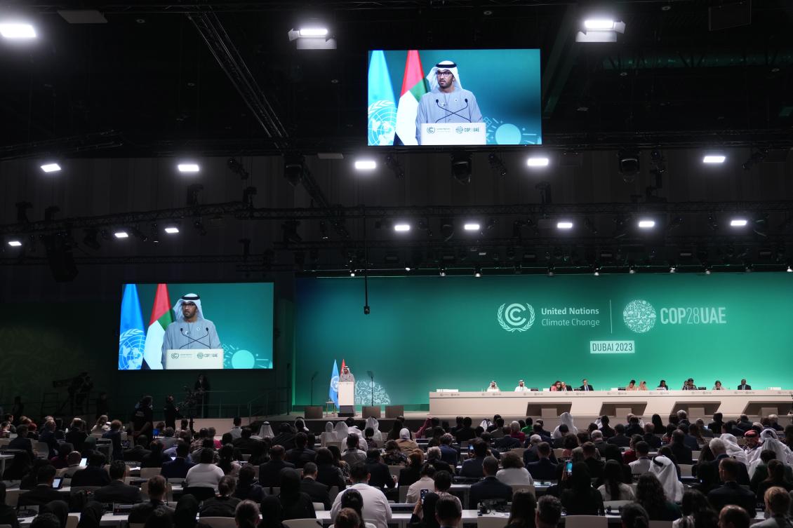 COP28 President Sultan Al-Jaber speaks during the closing plenary session of the COP28 UN Climate Summit on Dec. 13, 2023 in Dubai. (AP)