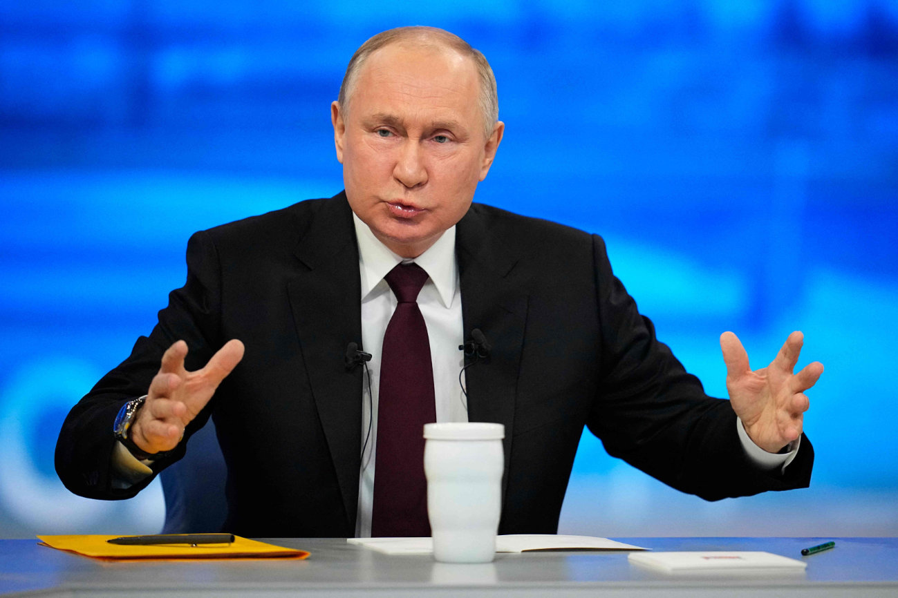Russian President Vladimir Putin holds his year-end press conference at Gostiny Dvor exhibition hall in central Moscow on December 14, 2023. (Pool photo via AFP)