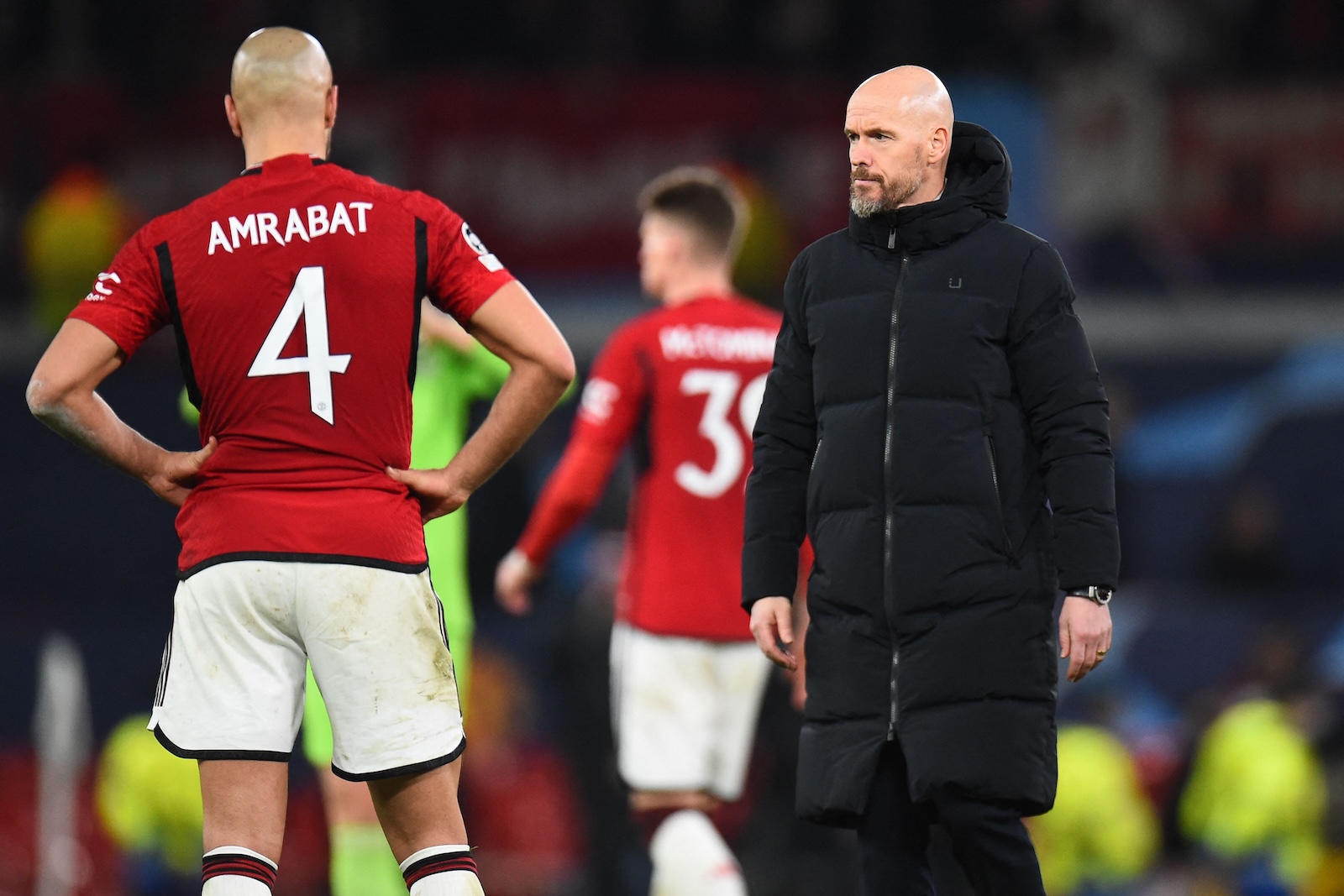 Manchester United's Dutch manager Erik ten Hag after the UEFA Champions League group A football match between Manchester United and FC Bayern Munich at Old Trafford stadium in Manchester, north west England, on Dec. 12, 2023. (AFP)