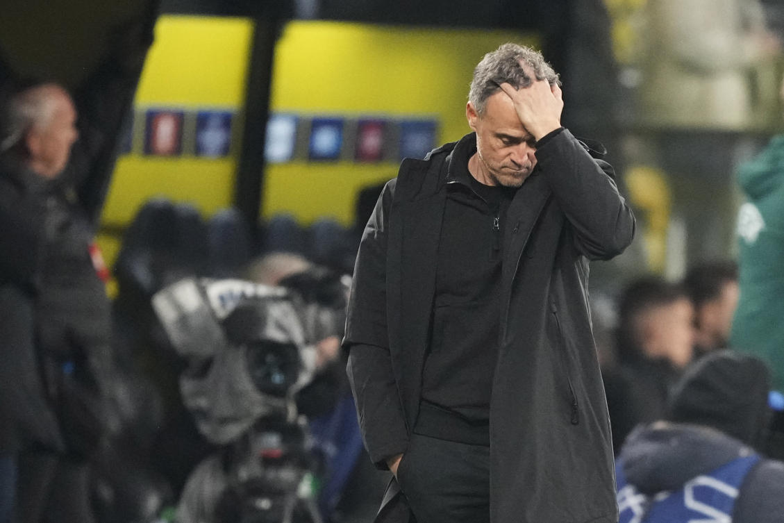 PSG’s head coach Luis Enrique reacts during their Champions League Group F match against Borussia Dortmund at the Signal Iduna Park in Dortmund on Dec. 13, 2023. (AP)