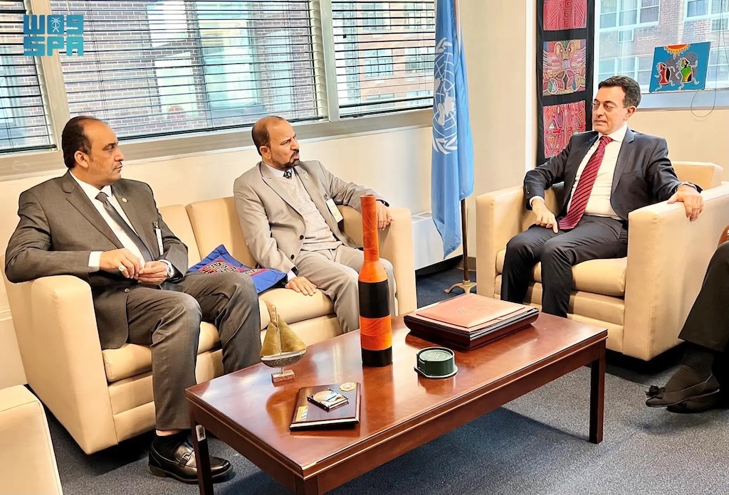 Director of the Medical and Environmental Aid Department Dr. Abdullah bin Saleh Al-Muallem and Director of the Media and Public Relations Department Shalhoub bin Abdullah Al-Shalhoub met yesterday at the UN headquarters in New York City with Director of the United Nations Center for Counter-Terrorism (UNCCT) Mauro Medico. (SPA)