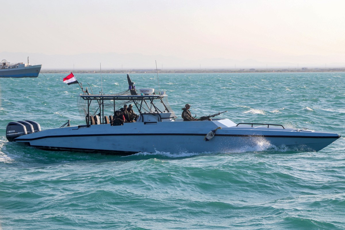 Yemeni coastguard members loyal to the internationally-recognised government ride in a patrol boat in the Red Sea off of the government-held town of Mokha in the western Taiz province, close to the strategic Bab al-Mandab Strait, on December 12, 2023. (File/AFP)