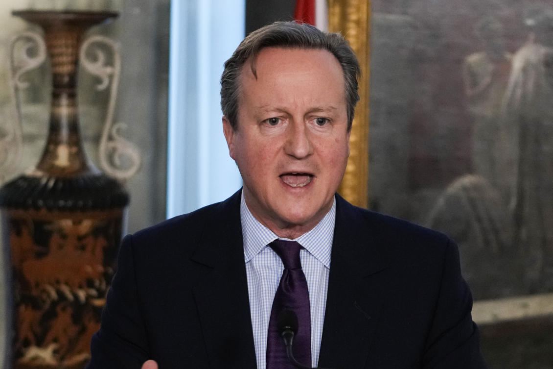 British Foreign Minister David Cameron delivers his speech in Rome, on Dec. 19, 2023. (AP)