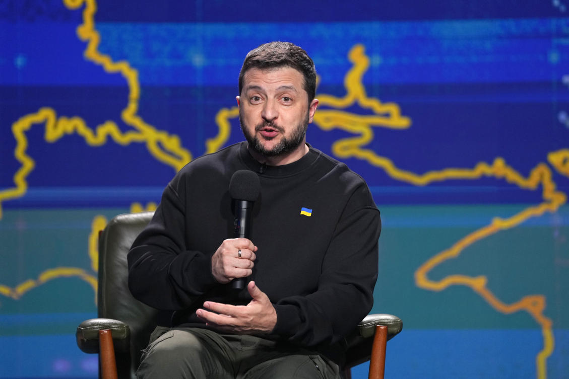 Ukrainian President Volodymyr Zelensky speaks during his end-of-the-year news conference in Kyiv on Dec. 19, 2023. (AP)