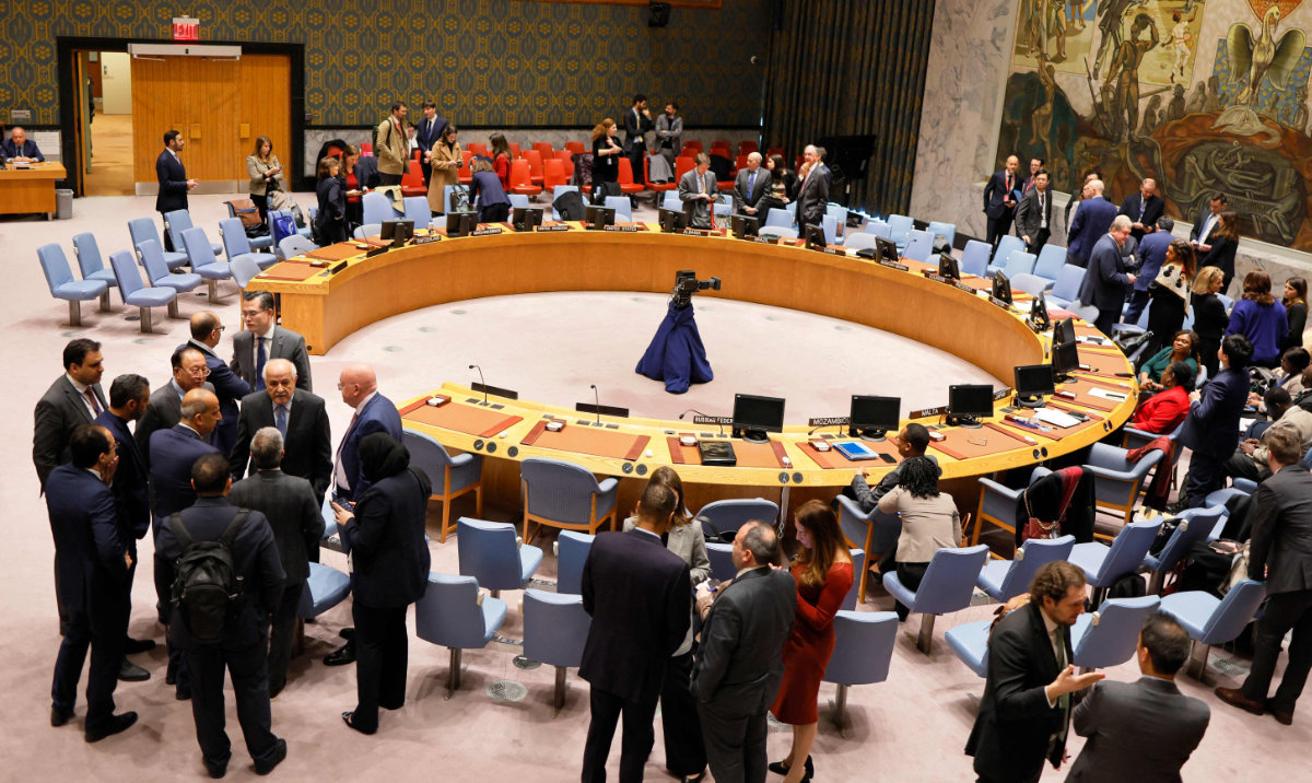 Members of the UN Security Council hold sideline meetings as they take a break at the United Nations headquarters on December 19, 2023 in New York City. (AFP)