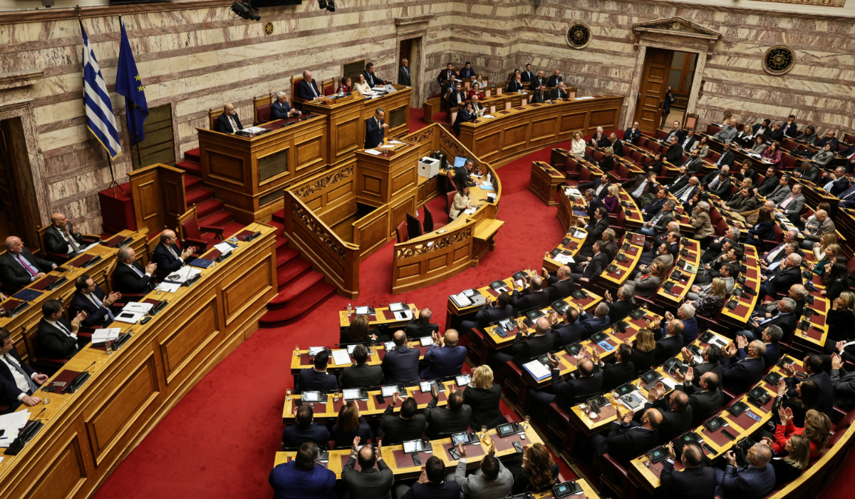 Greek Prime Minister Kyriakos Mitsotakis addresses lawmakers ahead of a parliament vote on the 2024 budget, in the Greek parliament in Athens, Greece December 17, 2023. (REUTERS)