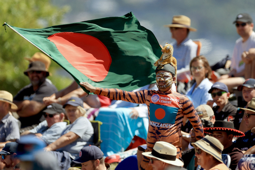 A Bangladesh fan cheers during the second one-day international cricket match between New Zealand and Bangladesh at Saxton Oval in Nelson on December 20, 2023. (AFP)