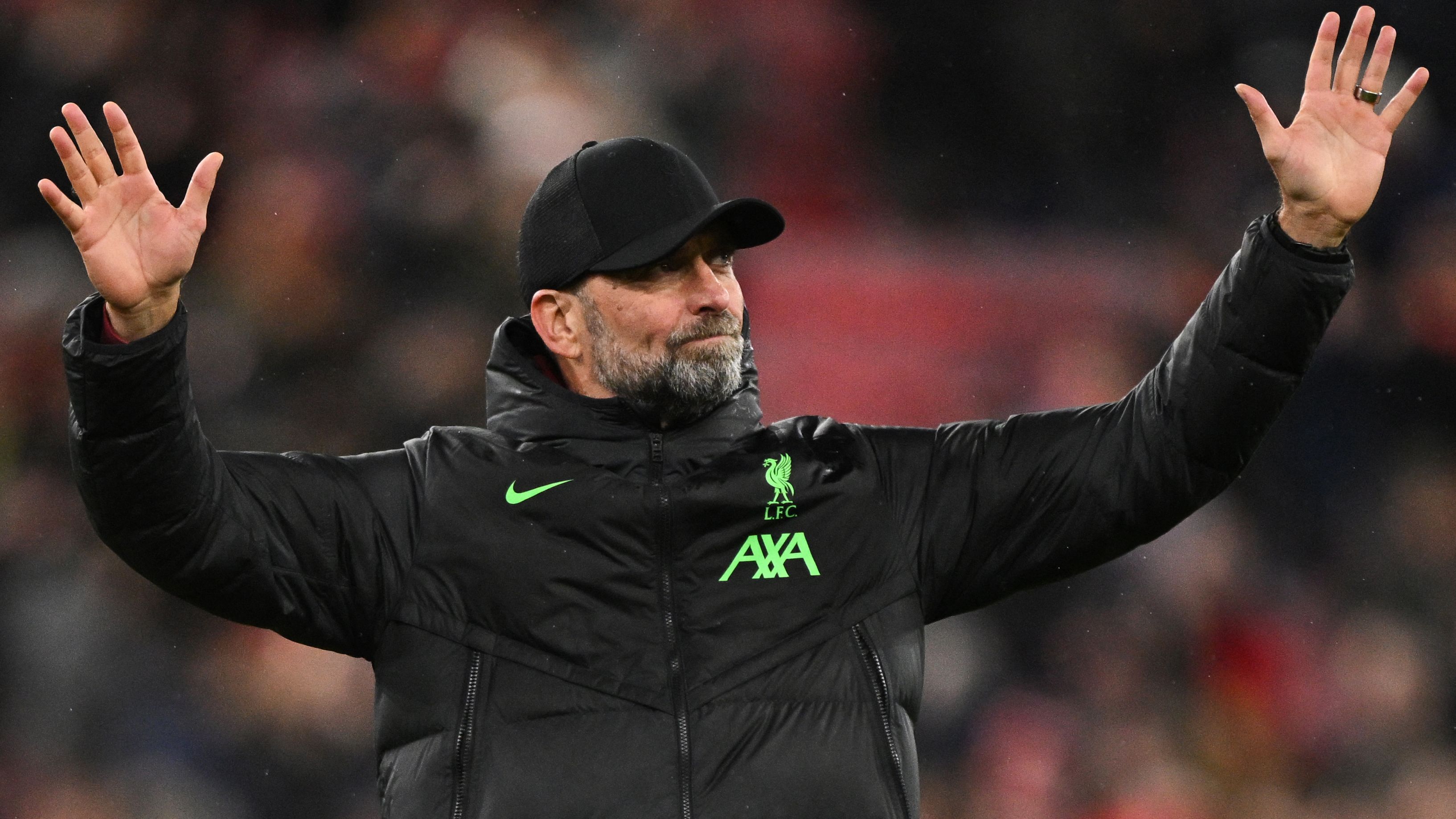 Liverpool's German manager Jurgen Klopp celebrates after his team victory at the end of the English League Cup quarterfinal against West Ham United at Anfield in Liverpool, north west England on Dec. 20, 2023. (AFP)