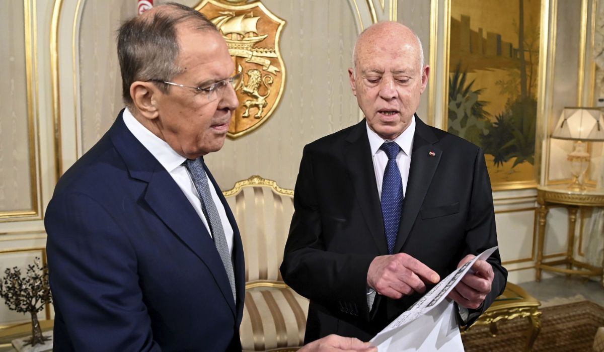 Tunisian President Kais Saied receives Russian Foreign Minister Sergey Lavrov in Tunis. (AP)