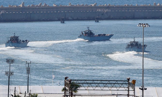 In this file photo, taken on July 29, 2018, Israeli navy ships maneuvered at the military port of Ashdod, southern Israel. (AFP/File)