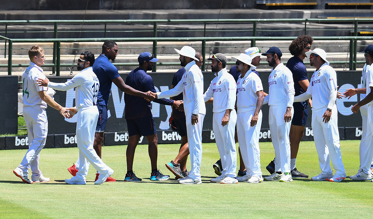 India players congratulate South Africa plyers after South Africa won the third Test cricket match between South Africa and India at Newlands stadium in Cape Town on January 14, 2022. (AFP/File)