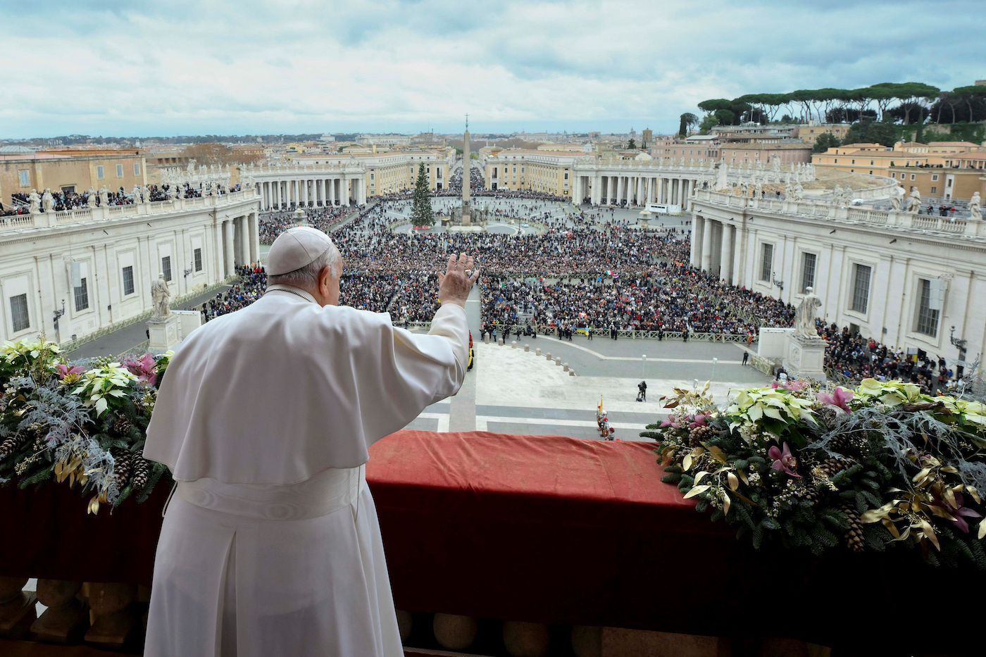 Pope Francis gestures as he delivers his traditional Christmas Day Urbi et Orbi message from the main balcony of St. Peter's Basilica at the Vatican, Dec. 25, 2023. (Reuters)