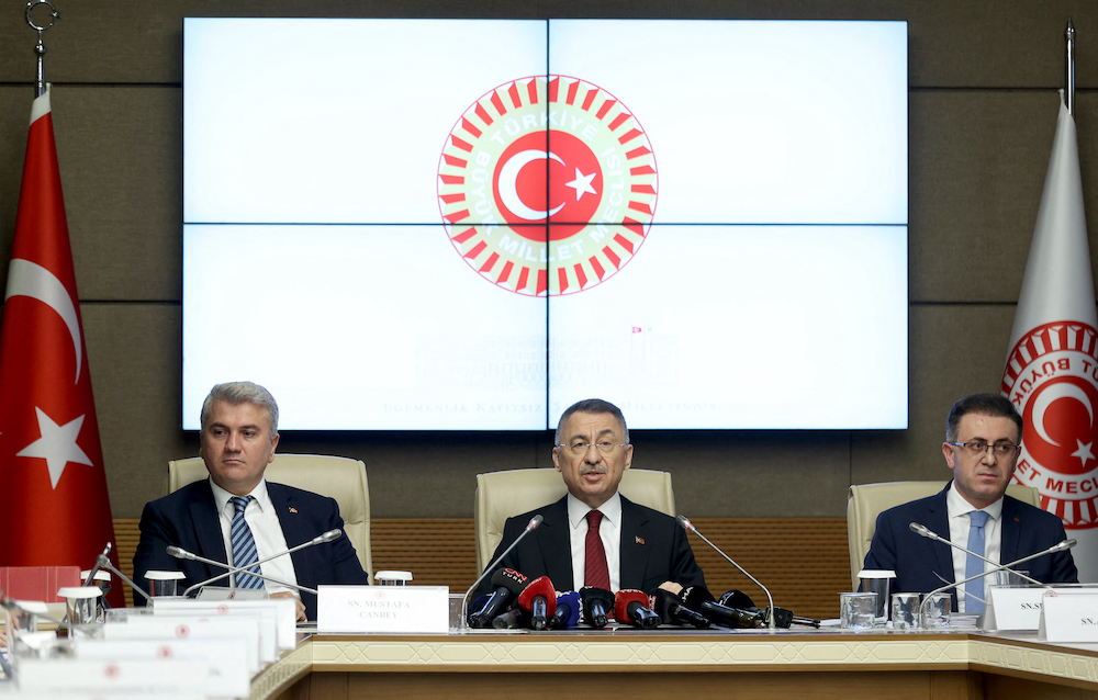 Turkiye’s Foreign Affairs Committee Fuat Oktay chairs a session at the Grand National Assembly in Ankara on Sweden’s NATO aspirations. (File/AFP)