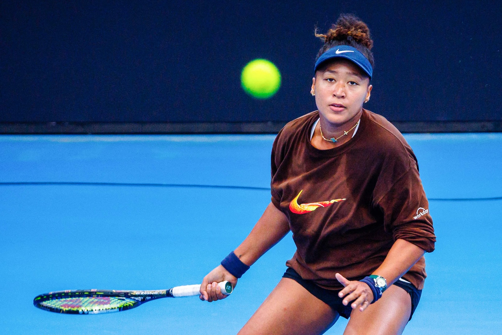 Japan's Naomi Osaka attends a training session ahead of the Brisbane International tennis tournament at Pat Rafter Arena in Brisbane on Dec. 27, 2023. (AFP)