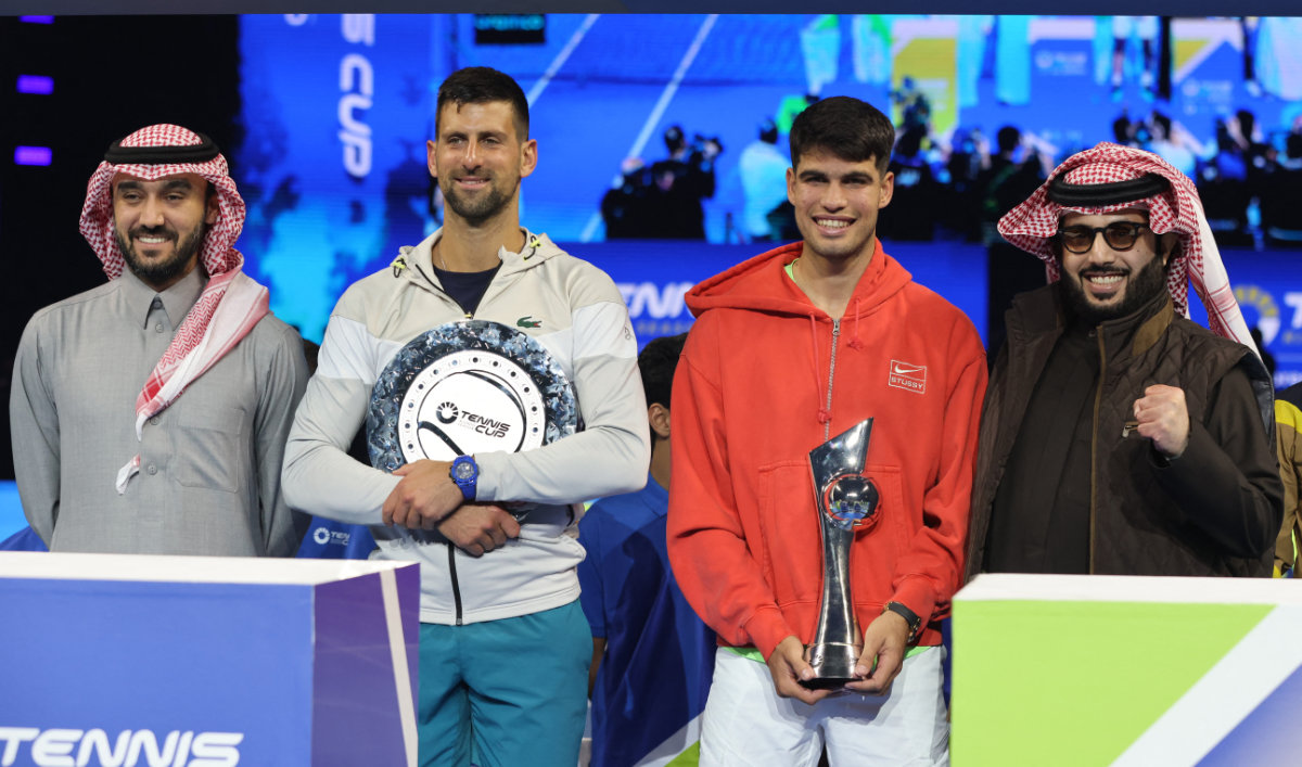 Left to right: Saudi Minister of Sport Abdulaziz bin Turki Al-Faisal, Novak Djokovic, Carlos Alcaraz and Turki AL-Shaikh, chairman of the Saudi General Authority for Entertainment and adviser to the Royal Court. (Reuters/Ahmed Yosri)
