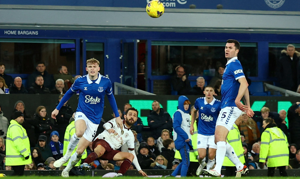Manchester City's Bernardo Silva scores their third goal during the Premier League match on Wednesday between Everton and Man City at Goodison Park, Liverpool. (Reuters)