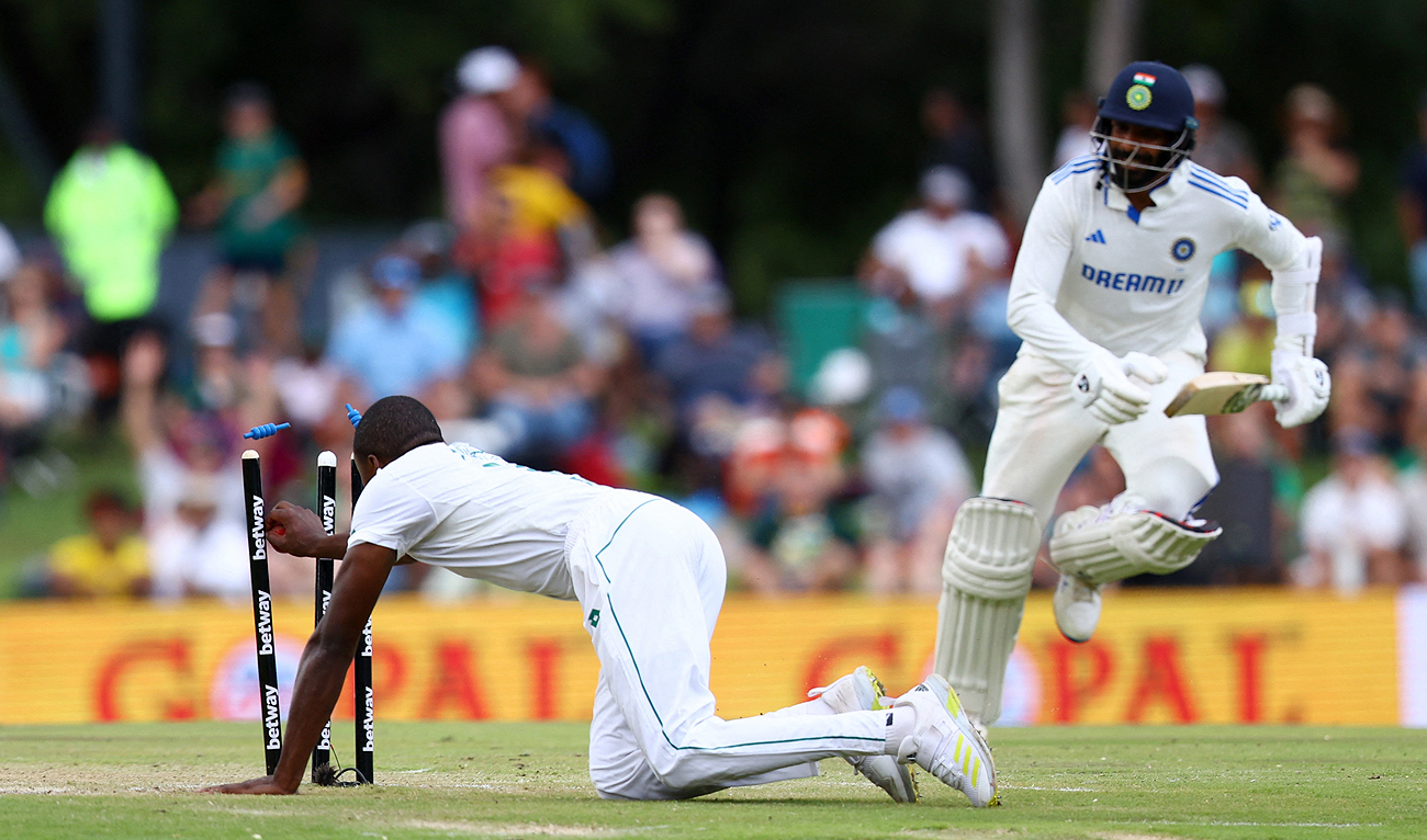 South Africa's Kagiso Rabada runs out India's Jasprit Bumrah during the first Test match between South Africa and India at the SuperSport Park Cricket Stadium in Centurion on December 28, 2023. (REUTERS)