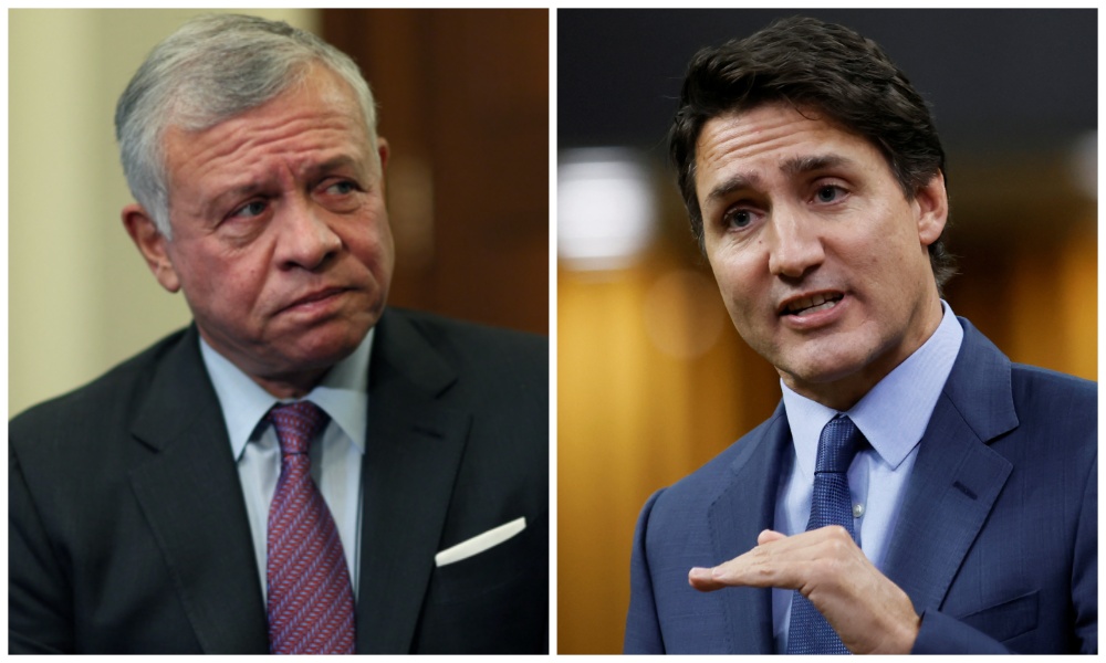 Jordan’s King Abdullah II (L) on Friday received a phone call from Canadian Prime Minister Justin Trudeau (R) during which he called for international pressure toward an immediate ceasefire in Gaza. (Reuters/File Photos)