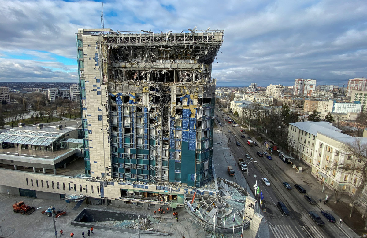 A view shows the Kharkiv Palace Hotel heavily damaged by a Russian missile strike, amid Russia's attack on Ukraine, in Kharkiv, Ukraine December 31, 2023. (REUTERS)