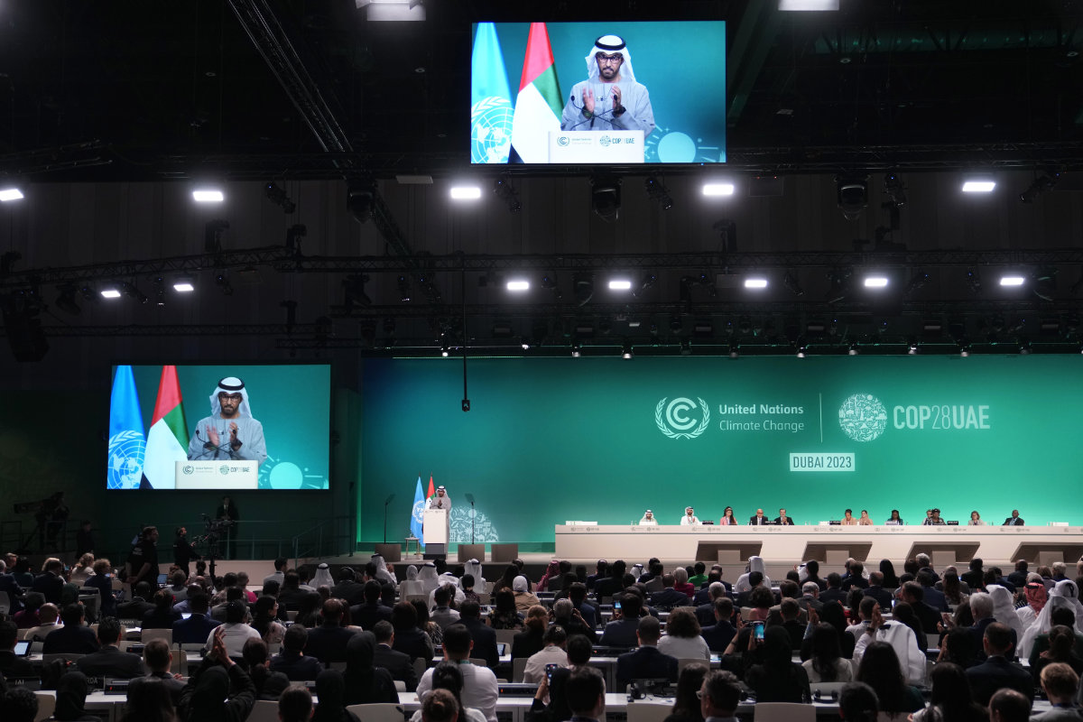 COP28 President Sultan al-Jaber speaks during a plenary session at the UN Climate Summit in Dubai on Dec. 13, 2023. (AP)