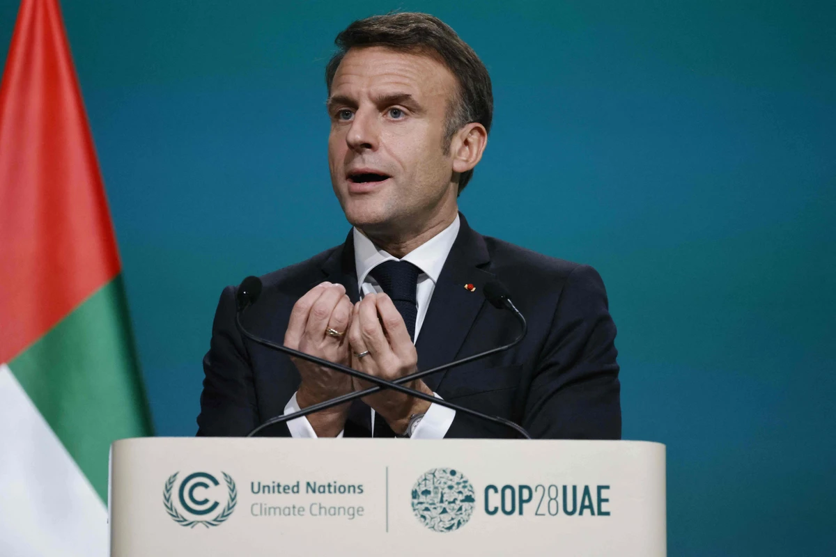 French President Emmanuel Macron speaking at COP28. AFP.