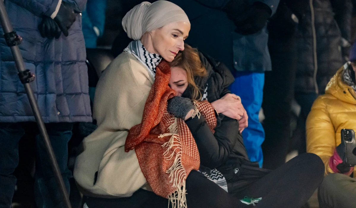 Aida Nackic, left, and Nusaiba Mubarak, listen to speakers during a vigil with state legislators and faith leaders currently on hunger strike outside the White House to demand that President Joe Biden call for a permanent ceasefire in Gaza on Wednesday, Nov. 29, 2023. (AP)