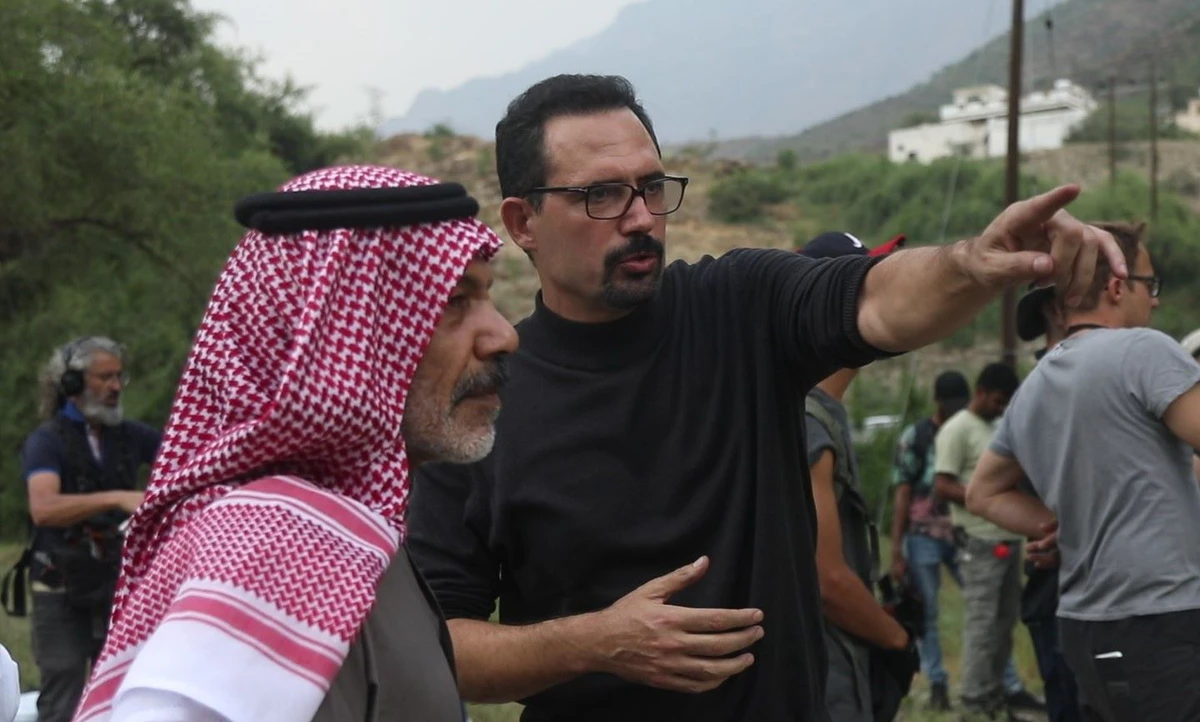 Filmmaker Dhafer L’Abidine and Saudi actor Ibrahim Al-Hasawi in Abha shooting ‘To My Son.’ (Supplied)