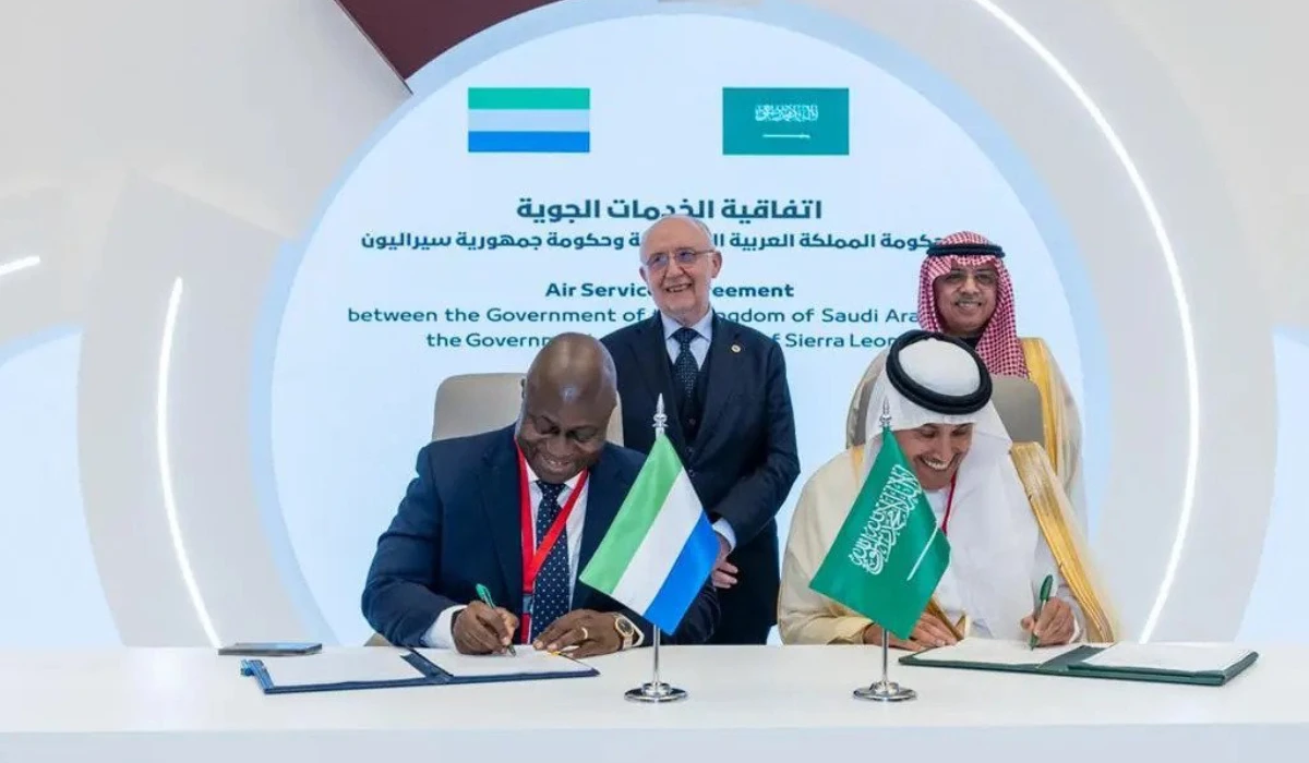 Al-Jasser signs a cooperation agreement in air transport services with Sierra Leone's Minister of Transport and Aviation, Haji Vandi Turay, on the sidelines of the 15th International Conference on Air Service Negotiations (ICAN 2023), which will continue until Thursday. (Supplied)