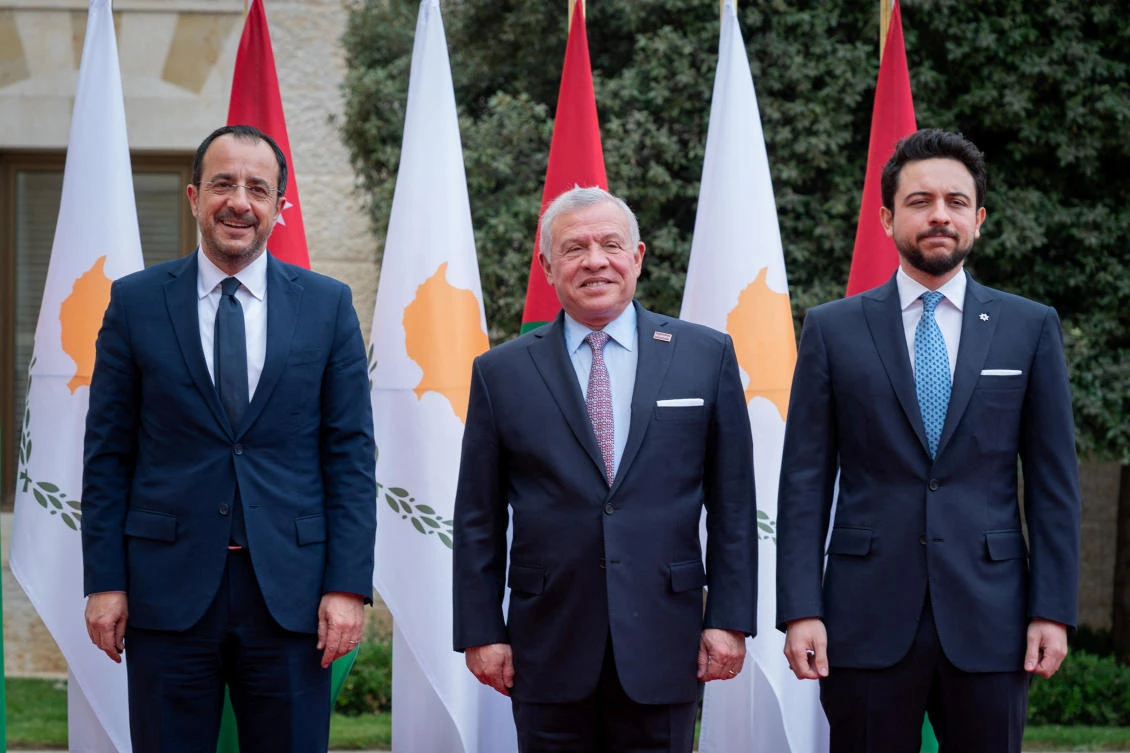 Jordan’s King Abdullah II and Crown Prince Hussein with Cyprus President Nikos Christodoulides, Amman, Jordan, Dec. 5, 2023. (Reuters)