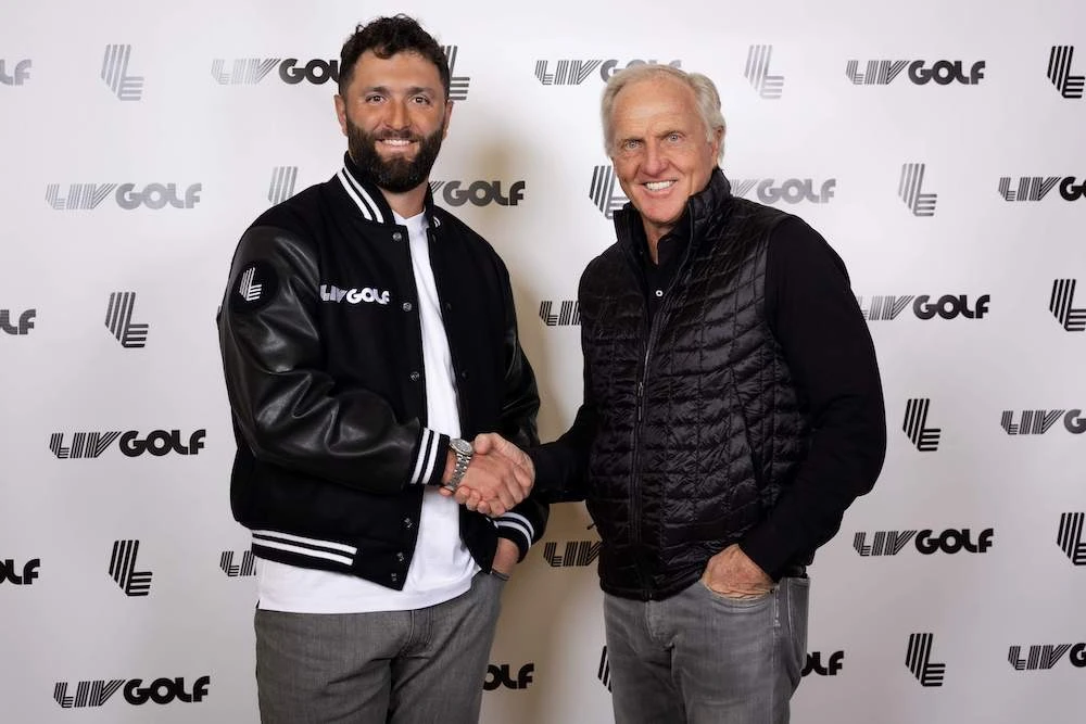 Spanish golf star Jon Rahm with Commissioner and CEO Greg Norman after it was announced on Thursday that Rahm has joined LIV Golf. (Supplied)