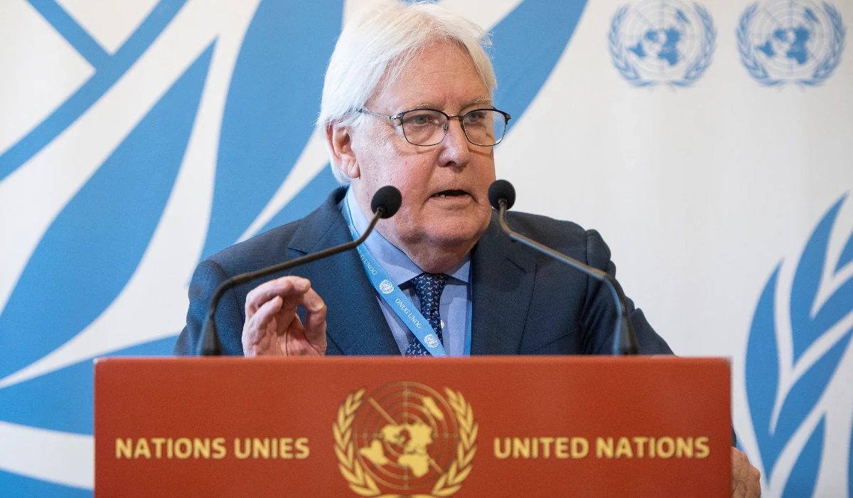 United Nations Under-Secretary-General for Humanitarian Affairs and Emergency Relief Coordinator Martin Griffiths speaks during a press conference on the situation in Gaza, at UN Building in Geneva, on November 15, 2023. (AFP)