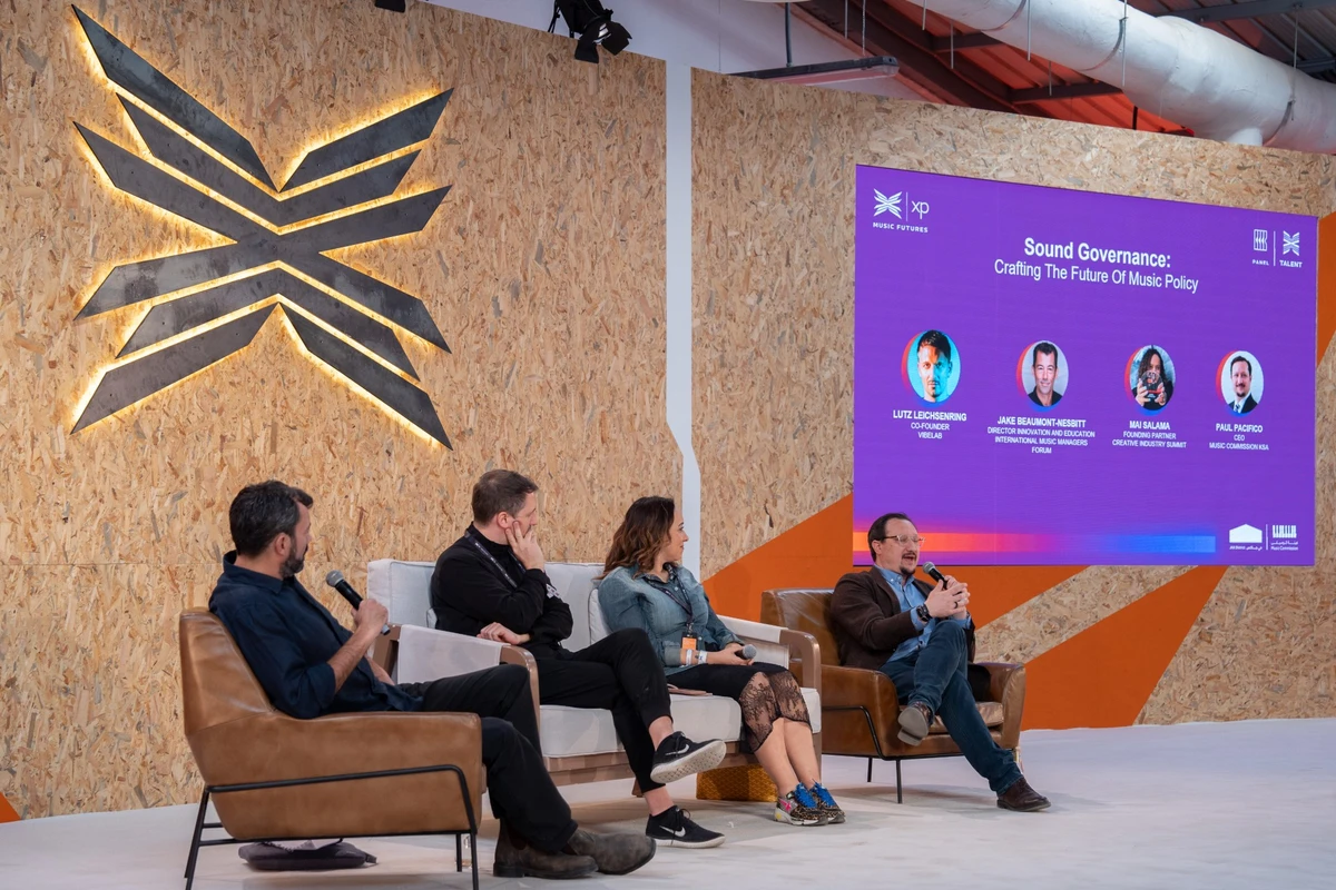 Industry leaders took part in an XP Music Futures panel in Riyadh tilted ‘Sound Governance: Crafting the Future of Music Policy.’ (Arab News/Huda Bashatah)