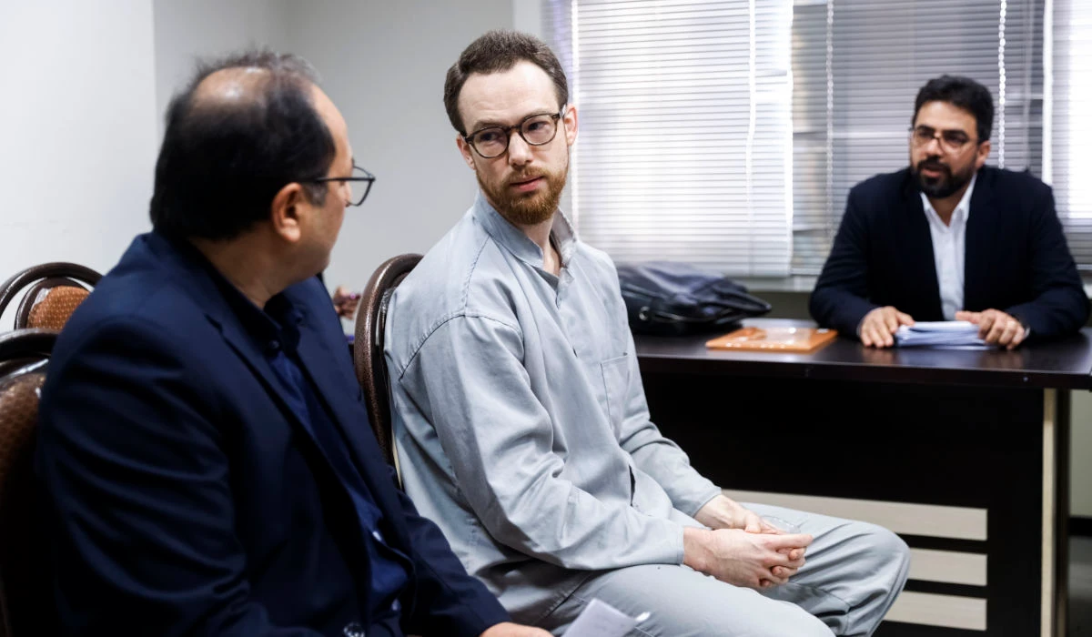 Swedish EU diplomat Johan Floderus attends a court session in Tehran on Sunday. Floderus was arrested on April 17, 2022, at Tehran airport. (AFP)