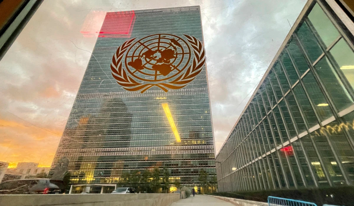 The United Nations headquarters building is seen from inside the General Assembly hall, on Sept. 21, 2021. (AP)