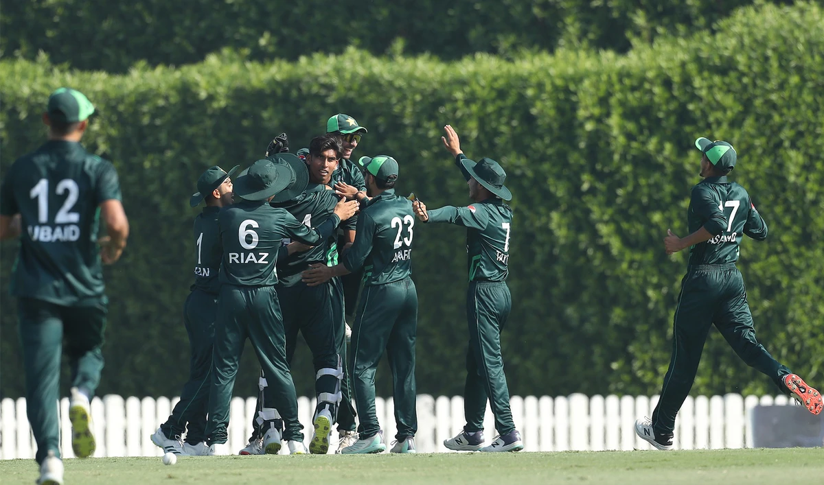 Pakistani Under-19 cricket team players celebrate after defeating India in Dubai, UAE, on December 10, 2023. (PCB)