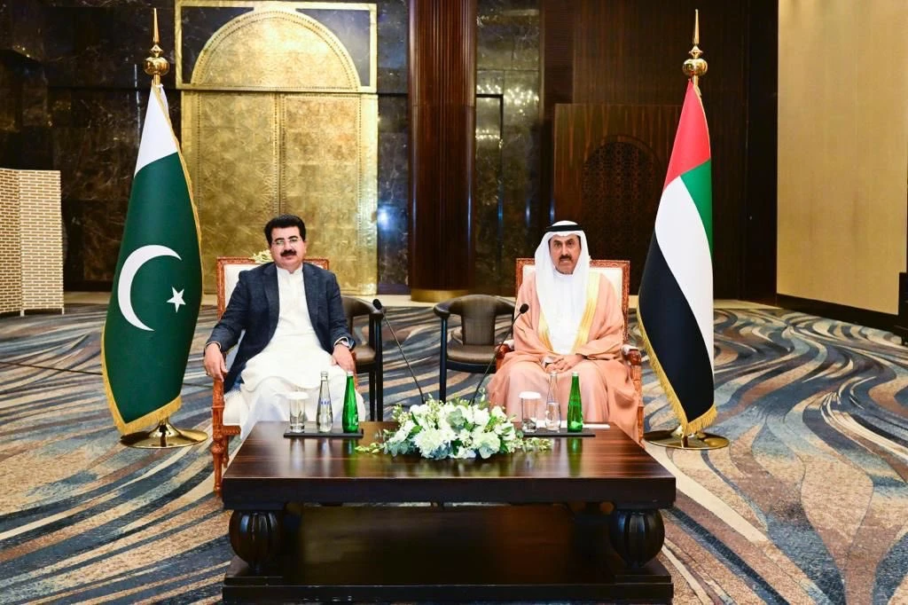 Saqr Ghobash, Speaker of the Federal National Council, right, received Sadiq Sanjrani, Chairman Senate of Pakistan, at the Council’s headquarters in Abu Dhabi, UAE on December 11, 2023. (Photo courtesy: @uaeembassyisb/X)