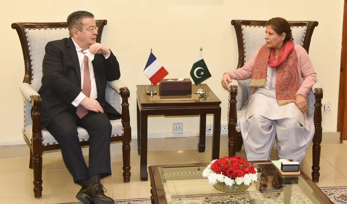 Ambassador of France to Pakistan, Nicolas Galey meets Pakistan's caretaker finance minister Dr. Shamshad Akhtar in Islamabad on December 15, 2023. (APP)