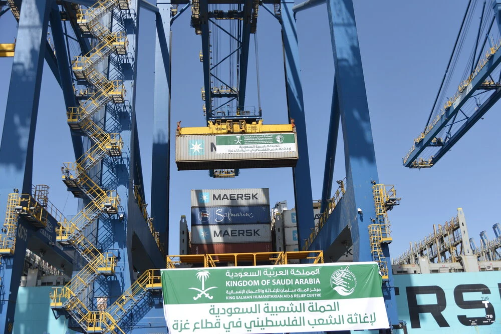 The Fourth KSRelief aid ship sets sail from Jeddah to Port Said, Egypt, loaded with 250 containers of food and medical aid for Gaza. (Supplied)