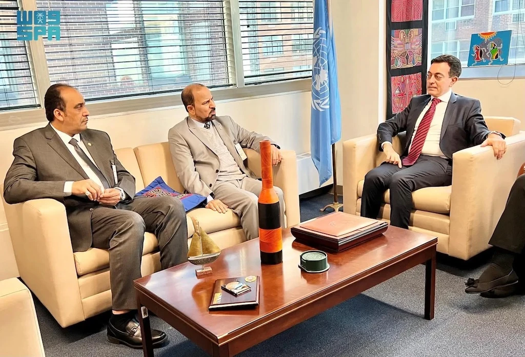 Director of the Medical and Environmental Aid Department Dr. Abdullah bin Saleh Al-Muallem and Director of the Media and Public Relations Department Shalhoub bin Abdullah Al-Shalhoub met yesterday at the UN headquarters in New York City with Director of the United Nations Center for Counter-Terrorism (UNCCT) Mauro Medico. (SPA)